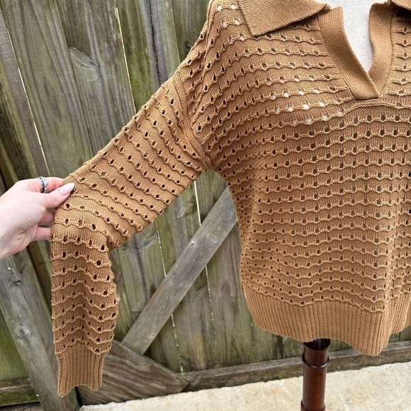 Joie Eyelet Cutout Collared Neckline Bronze Brown V Neckline Sweater - Picture 3 of 8